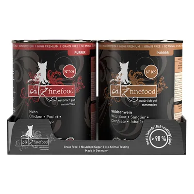 Catz Finefood wet food, varieties chicken No. 103 and wild boar No. 109, grain free, no added sugar, no animal testing, made in Germany, 98% meat content.