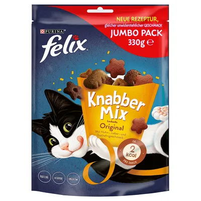Опаковка Felix Knabber Mix Original, 330 г. Видими надписи: Neue Rezeptur, Jumbo Pack, ca. 2 kcal pro Snack, Proteine, Vitamine, Omega 6. Снимка на котка и цветни хапки.