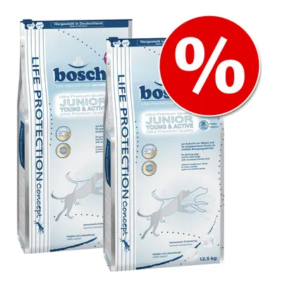 Bosch Junior Young & Active Hundefutter, Ultra Premium Qualität, hergestellt in Deutschland, 12,5 kg. Protein 26%, Fettgehalt 14%. Rabatt-Symbol sichtbar. Bosch Junior Young & Active Hundefutter, Ultra Premium Qualität, hergestellt in Deutschland, 12,5 kg. Protein 26%, Fettgehalt 14%. Rabatt-Symbol sichtbar.