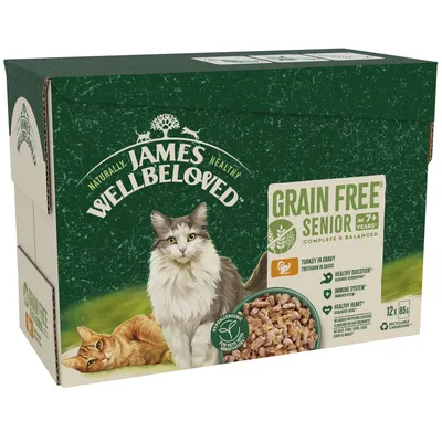 Grain free senior 7+ years, complete and balanced food with turkey in gravy. Features: healthy digestion, immune system, healthy heart. Pack contains 12 x 85g portions.