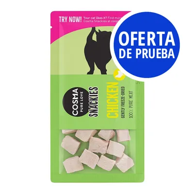 Cosma Pure Love Snackies Chicken, gently freeze-dried, 100% pure meat. Oferta de prueba en círculo azul sobre el envase. Trozos visibles dentro del paquete.