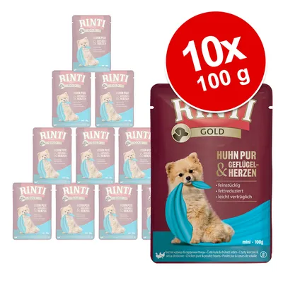 RINTI Gold Huhn Pur & Geflügelherzen -koiran märkäruoka, 10 x 100 g annospussia. Pakkauksessa pieni koira ja teksti: feinstückig, fettreduziert, leicht verträglich.