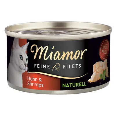 Miamor Feine Filets, kyckling och räkor, naturell, 100% filé. Kattmat i burk med vit katt och filébild.