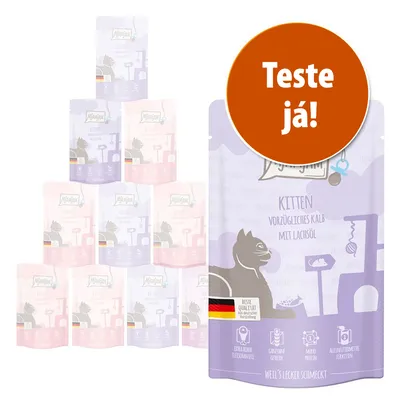 Embalagem de comida húmida para gatinhos, marca MjAMjAM, texto visível: 'Kitten Vorzügliches Kalb mit Lachsöl', selo alemão, círculo laranja com texto 'Teste já!'.
