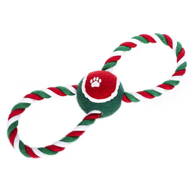 Hračka pre psa z textilného lana v tvare osmičky, červeno-zeleno-biela farba, v strede tenisová loptička s bielou stopou labky.