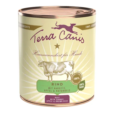 Terra Canis Hausmannskost for dogs, beef with carrot, apple & natural rice. Gluten-free, 100% natural, food grade.