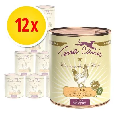 12-pack Terra Canis hundmat, synlig text: Huhn mit Tomaten, Amaranth & Basilikum. Bild på burk med kycklingmotiv och varumärket Terra Canis.