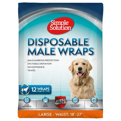 Simple Solution Disposable Male Wraps, Grösse Large, Taille 18-27 Zoll. Schutz vor Markieren, Inkontinenz, Reisen. 12 Stück, super saugfähig, auslaufsicher, fellfreundliche Verschlüsse.