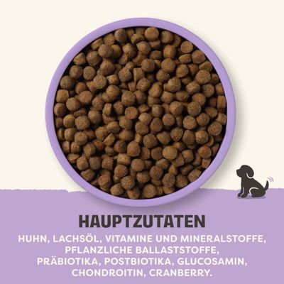 Hauptzutaten: Huhn, Lachsöl, Vitamine und Mineralstoffe, pflanzliche Ballaststoffe, Präbiotika, Postbiotika, Glucosamin, Chondroitin, Cranberry.