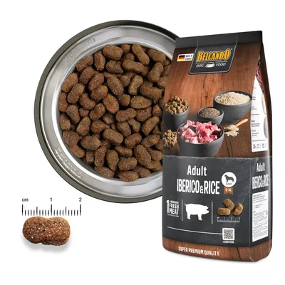 Belcando Dog Food Adult Iberico & Rice, Trockenfutter in Napf, Packung mit Zutatenabbildungen, Krokettenmaßstab von 1 bis 2 cm, Made in Germany. Belcando Dog Food Adult Iberico & Rice, Trockenfutter in Napf, Packung mit Zutatenabbildungen, Krokettenmaßstab von 1 bis 2 cm, Made in Germany.