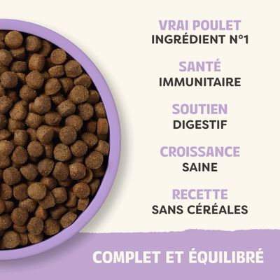 Véritable poulet comme ingrédient principal, renforce le système immunitaire, soutien de la digestion, croissance saine, recette sans céréales, complète et équilibrée.