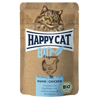 Happy Cat Bio Organic csirke. Hozzáadott cukor, mesterséges színezék és tartósítószer, szója nélkül. Németországban készült. Bio tanúsítvány az EU öko rendelet szerint.