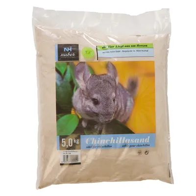 Nuber Chinchillasand 5.0 kg bag with image of a chinchilla and label text: sand for chinchillas. Brand name Nuber visible on packaging. Nuber Chinchillasand 5.0 kg bag with image of a chinchilla and label text: sand for chinchillas. Brand name Nuber visible on packaging.