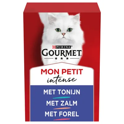 Purina Gourmet Mon Petit intense. Text v holandčine: met tonijn, met zalm, met forel. Balenie s obrázkom bielej mačky na červenom pozadí.
