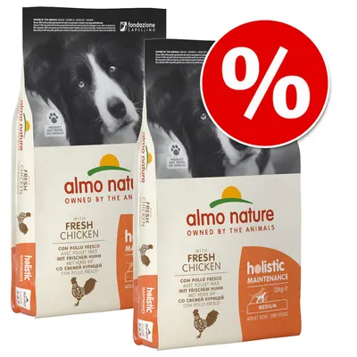 Almo Nature Holistic Maintenance Hundefutter mit frischem Huhn, 12kg, für mittelgrosse Hunde. Produkt nicht an Tieren getestet. Rabattzeichen in Rot mit Prozent-Symbol.