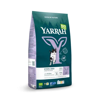 Yarrah Bio Organic kattmat för steriliserade katter, vetefri med kyckling, risprotein och alger. 35% protein, 11% fett. Certifierad ekologisk DE-ÖKO-001.