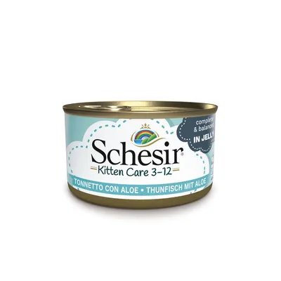 Schesir Kitten Care 3–12, tonnetto con aloe, in jelly. Testo visibile: complete & balanced, thunfisch mit aloe.