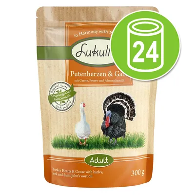 Lukullus Putenherzen & Gans Adult, 300 g. Afbeelding toont verpakking met kalkoen en gans, label 'Original taste', icoon met blikje en cijfer 24. Lukullus Putenherzen & Gans Adult, 300 g. Afbeelding toont verpakking met kalkoen en gans, label 'Original taste', icoon met blikje en cijfer 24.