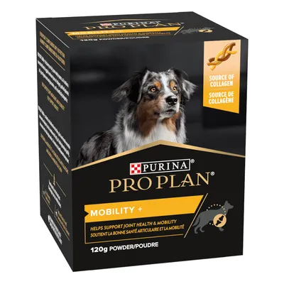 Cutie Purina Pro Plan Mobility+ 120g pudră, sursă de colagen, cu imagine câine și text: Helps support joint health & mobility. Source of collagen. Mobility+.