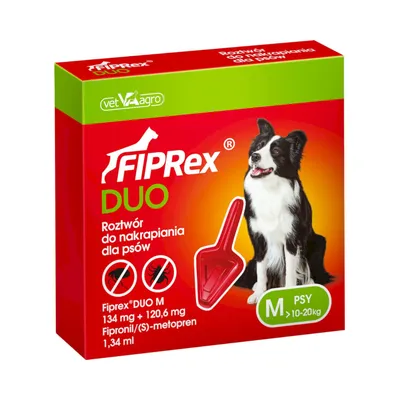 Fiprex DUO, roztwór do nakrapiania dla psów M 10–20 kg, Fipronil 134 mg + (S)-metopren 120,6 mg, opakowanie z psem i pipetą, vetAGRO