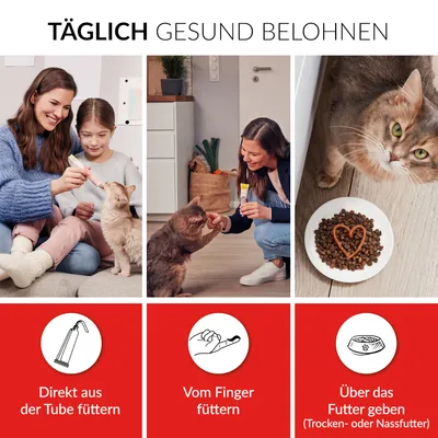 Täglich gesund belohnen: Direkt aus der Tube füttern, vom Finger füttern oder über das Futter geben (Trocken- oder Nassfutter).
