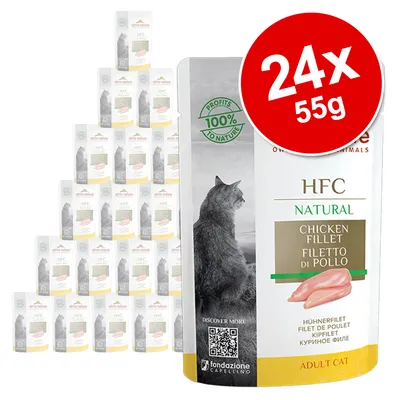 Almo Nature HFC Natural hrană umedă pentru pisici adulte, file de pui, pachet 24x55g. 100% profituri pentru natură. Cod QR pentru informații suplimentare.