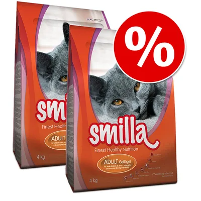 Dvije vreće hrane za mačke Smilla Adult Geflügel, svaka 4 kg, s narančastom ambalažom i slikom sive mačke. Veliki crveni simbol postotka (%) označava posebnu ponudu.