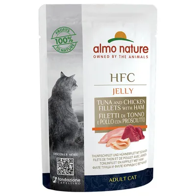 Almo Nature HFC Jelly, tuna fillet and chicken fillet with ham. Profits 100% to nature. Adult cat. QR code for more information.