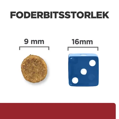 Foderbitsstorlek: foderbit 9 mm bredvid blå tärning 16 mm. Tydlig jämförelse av storlekar med måttangivelser.