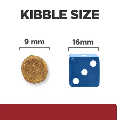 Veličina granula: okrugla granula promjera 9 mm uspoređena s plavom kockicom veličine 16 mm. Tekst: KIBBLE SIZE, 9 mm, 16 mm.