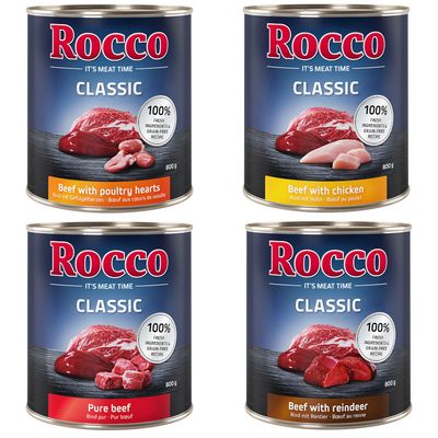 Rocco Classic Pure beef, confezione da 24 lattine da 800 g. Testo visibile: 100% fresh ingredients & grain-free recipe. Immagine di carne sulla confezione.
