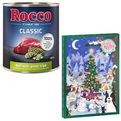 Konzerva Rocco Classic Pure beef 800 g, nápis 100 % fresh ingredients & grain-free recipe. Vedľa adventný kalendár s motívom Vianoc a oranžový kruh s textom Zadarmo.