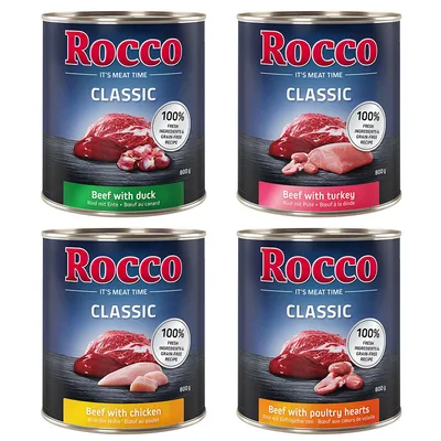 Sparpaket Rocco Classic 24 x 800 g - Mix: Rind mit Huhn, Geflügelherzen, Pute & Ente Sparpaket Rocco Classic 24 x 800 g - Mix: Rind mit Huhn, Geflügelherzen, Pute & Ente