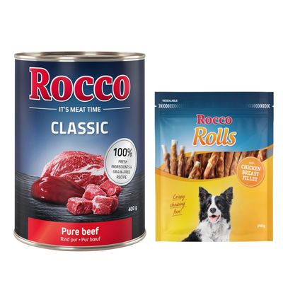 Kombi-Paket: Rocco Classic Probiermix Nassfutter + Rolls Snack 24 x 400 g Rind pur + 3 x 200 g Hühnerbrustfilet