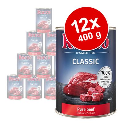 Výhodné balenie Rocco Classic 12 x 400 g mix: hovädzie & hovädzie a hydinové srdiečka