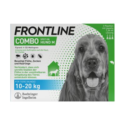 Frontline Combo Spot On Hund M, beseitigt Flöhe, Zecken und Haarlinge. Für Tiere (Hunde) 10-20 kg. Verhindert Entwicklung unreifer Flohstadien. Boehringer Ingelheim.