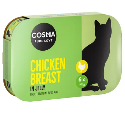 COSMA PURE LOVE CHICKEN BREAST IN JELLY, 6×170 g, single protein, pure meat. Zelené balenie so siluetou mačky a ikonou kuraťa.