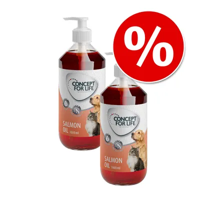 Two bottles of Concept for Life Salmon Oil 1000 ml with pump tops, label shows a dog and a cat. Large red percentage discount symbol in top right corner. Two bottles of Concept for Life Salmon Oil 1000 ml with pump tops, label shows a dog and a cat. Large red percentage discount symbol in top right corner.