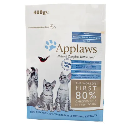 Applaws Natural Complete Kitten Food, 400 g. Cereal free. 80 % piščanec, 20 % zelenjava in naravni izvlečki. Obogateno z DHA & EPA, vitaminom E, rožmarinovim oljem, brusnični izvlečki.