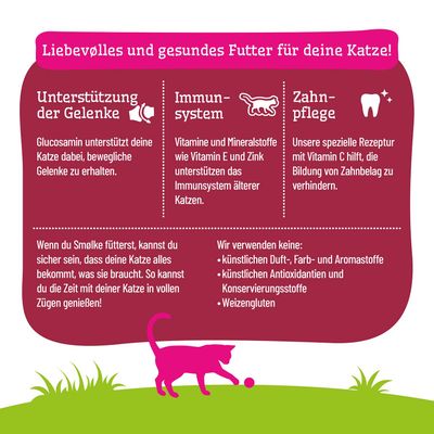 Liebevolles und gesundes Futter für Katzen: Unterstützung der Gelenke, Immunsystem, Zahnpflege. Ohne künstliche Zusatzstoffe, Antioxidantien, Konservierungsstoffe, Weizengluten.