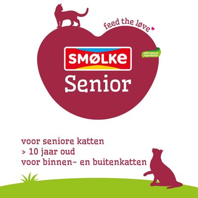 Smølke Senior met natuurlijke ingrediënten. Voor katten vanaf 10 jaar, geschikt voor binnen- en buitenkatten. Feed the love.