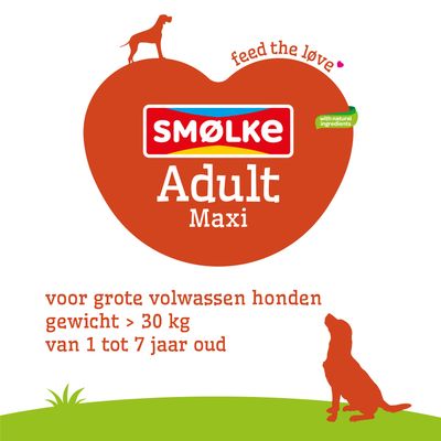 SMØLKE Adult Maxi met natuurlijke ingrediënten, voor grote volwassen honden van meer dan 30, kg, leeftijd 1 tot 7 jaar. feed the love.