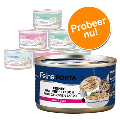 Feline Porta 21 kattenvoer, blikjes met opschrift 'Feines Hühnerfleisch', 'Ganzes Thunfischfleisch', 'Probeer nu!', zonder toegevoegde suiker. Kat en voer zichtbaar op verpakking. Feline Porta 21 kattenvoer, blikjes met opschrift 'Feines Hühnerfleisch', 'Ganzes Thunfischfleisch', 'Probeer nu!', zonder toegevoegde suiker. Kat en voer zichtbaar op verpakking.