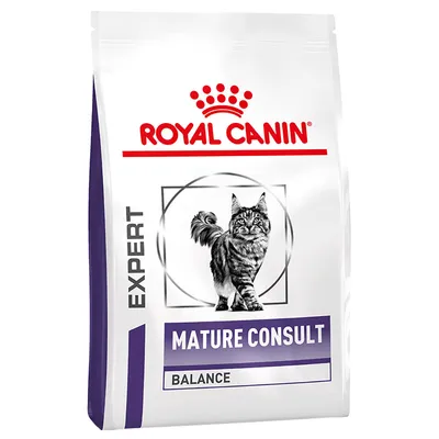 Royal Canin Expert Mature Consult Balance. Packaging with cat image and product name visible.