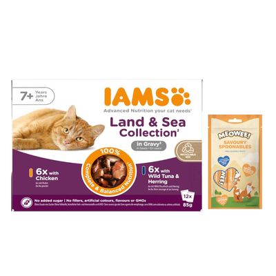 12 x 85 g IAMS Advanced Nutrition + 8 x 14 g Meowee! Savoury Spoonables gratis!