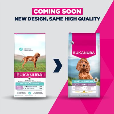 Eukanuba Daily Care Sensitive Digestion torrfoder för hundar. För små/medelstora raser <25 kg och stora raser >25 kg, lämpligt för valpar 1–12 månader. Förpackningsstorlek: 2,3 kg.