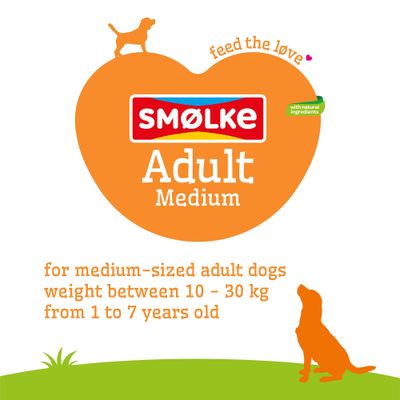 SMØLKE Adult Medium, s prírodnými ingredienciami. Pre stredne veľkých dospelých psov, hmotnosť 10–30 kg, vek 1–7 rokov.