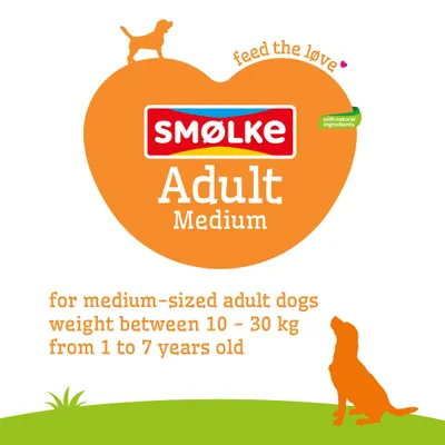 SMØLKE Adult Medium, s prírodnými ingredienciami. Pre stredne veľkých dospelých psov, hmotnosť 10–30 kg, vek 1–7 rokov.