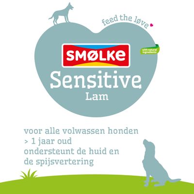 Smølke Sensitive Lam met natuurlijke ingrediënten. Voor volwassen honden vanaf 1 jaar, ondersteunt huid en spijsvertering.