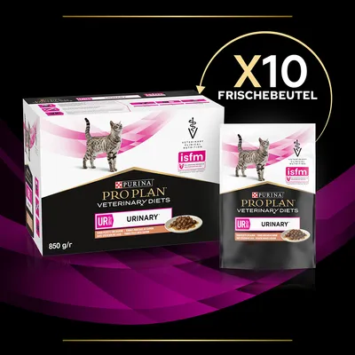 Purina Pro Plan Veterinary Diets Urinary, 850 g pakkaus, 10 annospussia. ISFM-sertifioitu terveisiin virtsateihin kissoille.